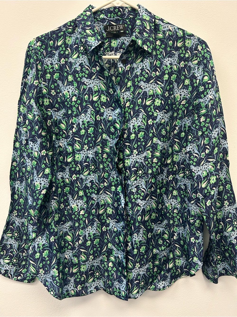 J. Crew Navy Button-Down Shirt with Green Floral Print